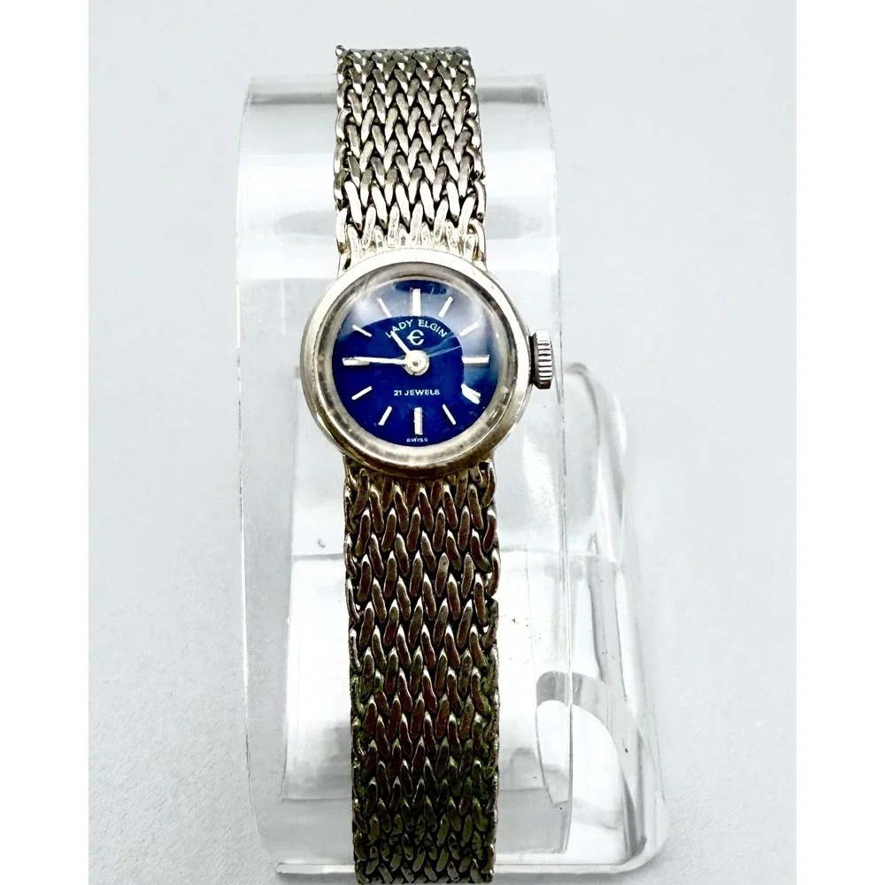 Vintage Lady Elgin 21 Jewel Swiss Mechanical Watch Blue Dial 8